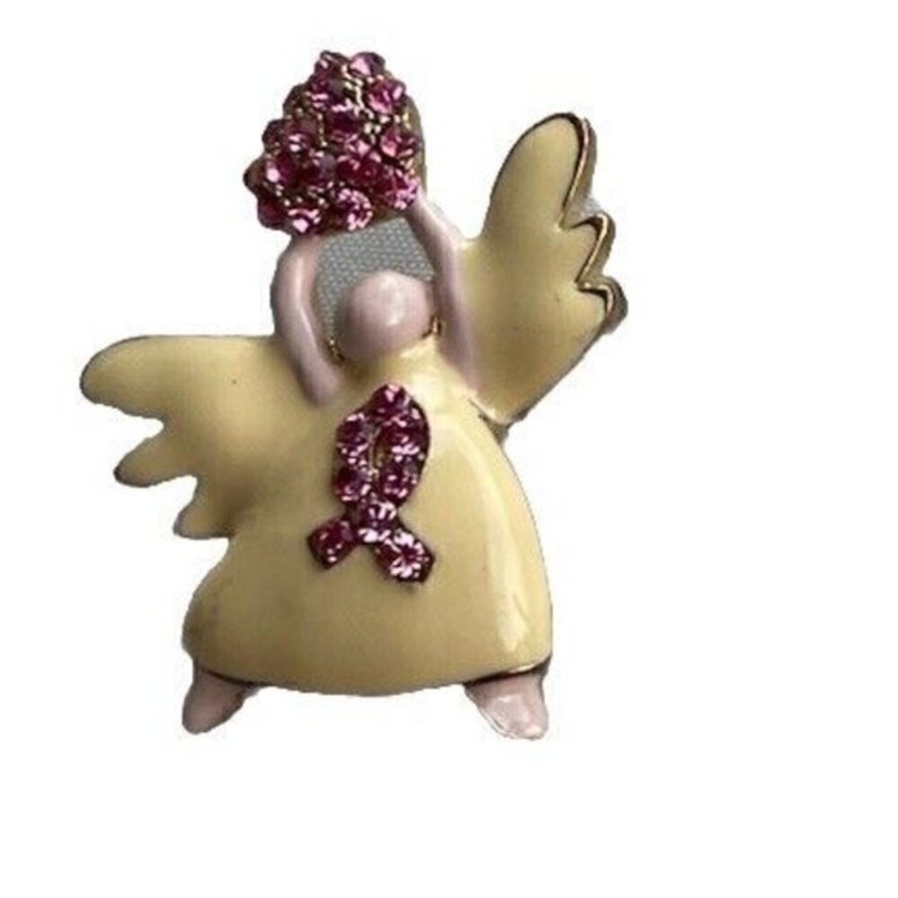 Vintage Breast Cancer Pin Brooch Pink Awareness Ribbon Enamel Angel Pink Stones
